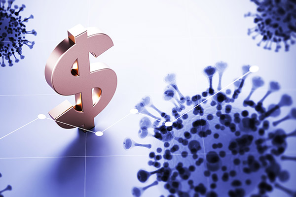 3D illustration of a dollar sign next to a coronavirus molecule. 