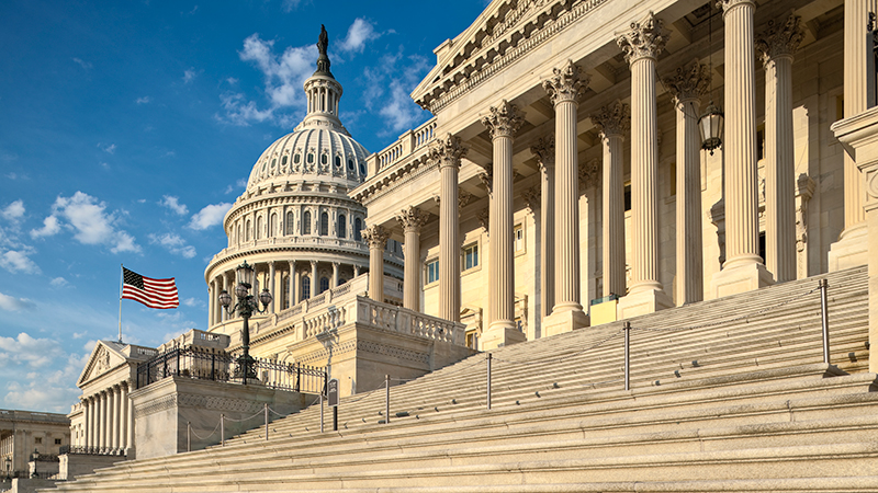 Detail view of the US Capitol east facade in the early morning sun.