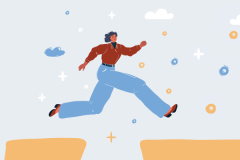 An illustrated person leaps over a chasm.