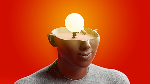 An open, realistic human head with a tiny woman lifting a giant glowing light bulb against a vibrant red background.