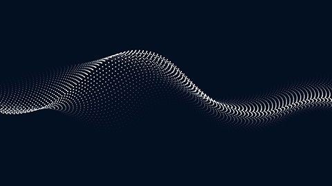 Particle wave line design. Futuristic dot pattern in white gradient color on dark blue background.