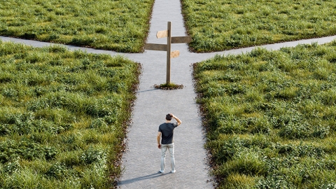 Confused man at three-way fork with blank signpost, uncertainty, choices, direction, decision, future